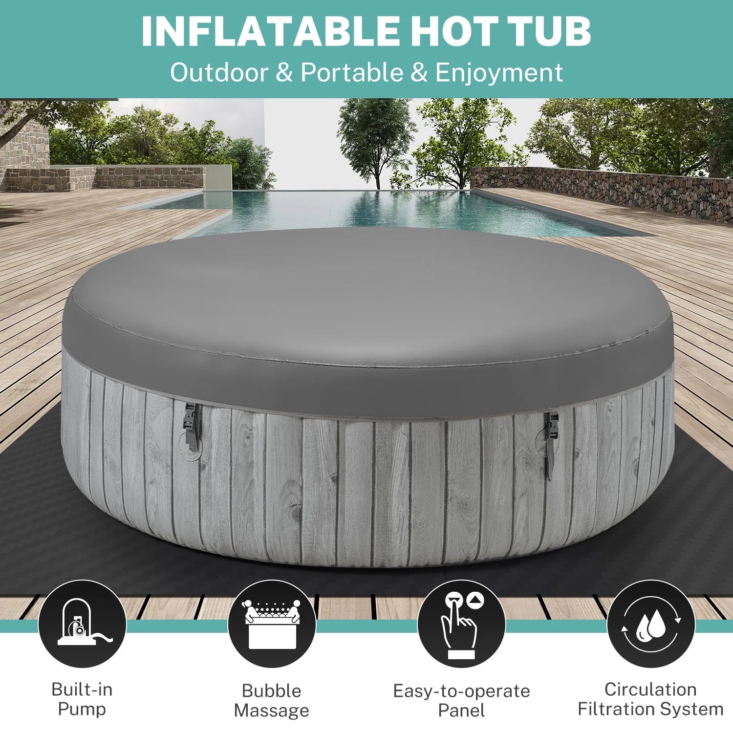 6-8 Person Portable Hot Tub, 82in Inflatable Home Spa Tub with Cup Holders, 4 Filters, 130 Massage Jets, Patio Hot Tub with Storage Bag Lockable Cover Floor Mat, Max 104° F