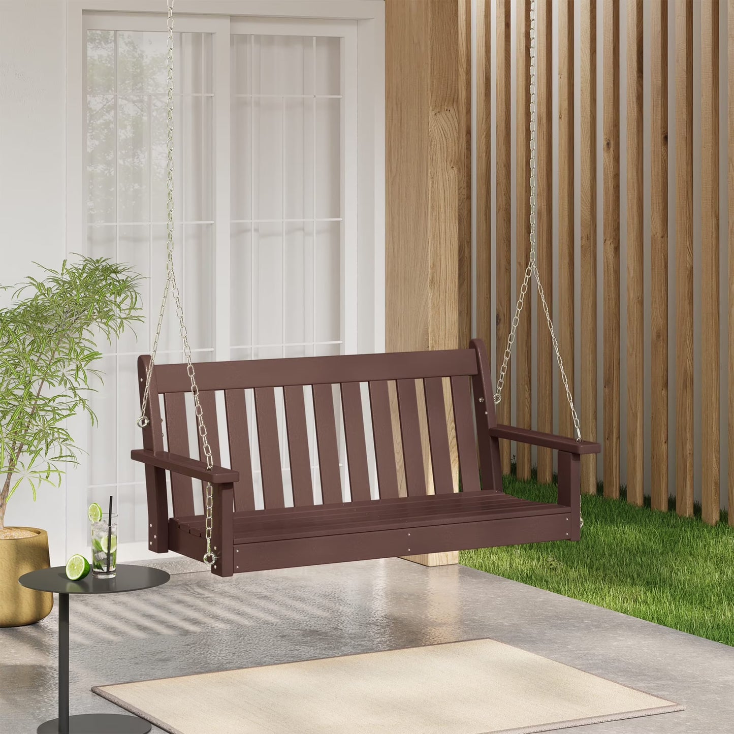 WestinTrends Malibu Outdoor Patio HDPE Hanging Front Porch Swing Bench, Dark Brown
