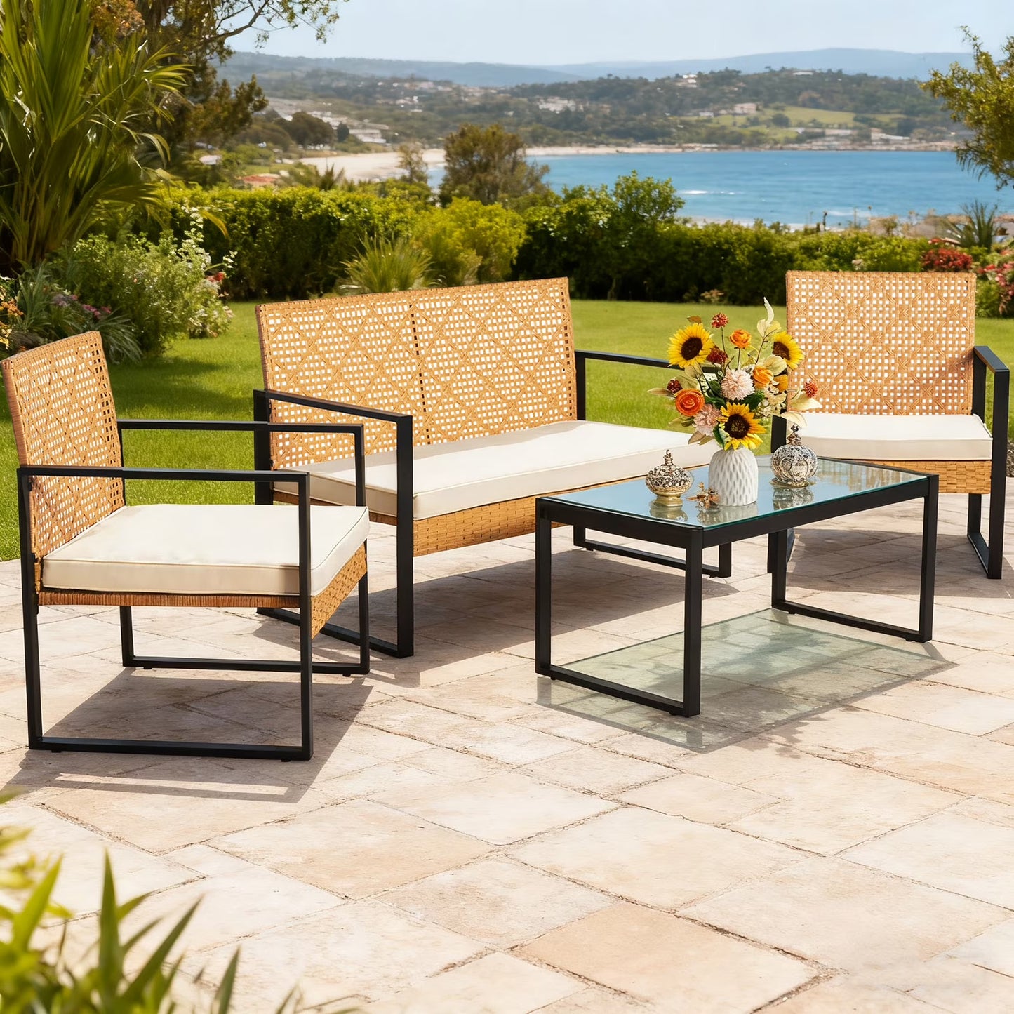 Tappio 4 Piece Patio Conversation Wicker Furniture Set, Porch Furniture Outdoor Sectional Furniture Set w/Coffee Table & Cushions Wicker Sofa Garden Conversation Set for Yard Pool Backyard,Black/Red