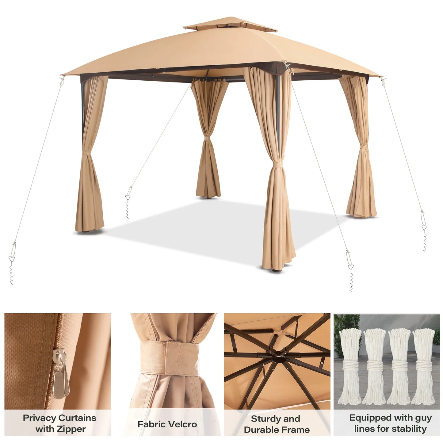 LAUSAINT HOME 10'x10' Patio Gazebo with Privacy Screens & Anchoring Kit, Outdoor Double Roof Metal Frame Gazebo in Khaki