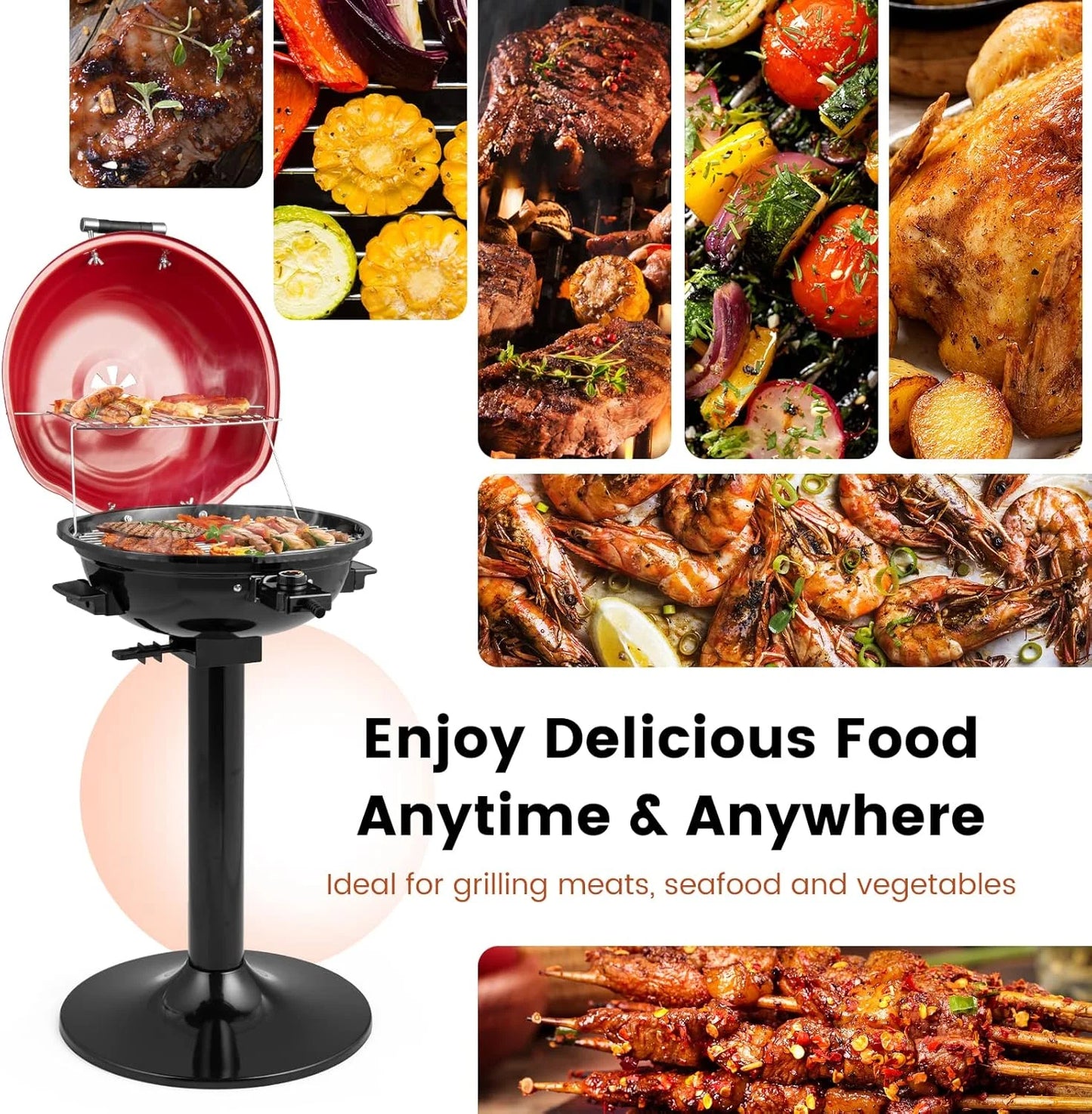 HAPPYGRILL 1600W Electric Grill Outdoor, Portable BBQ Grill with Warming Tray, Removable Non-Stick Grill Rack, Adjustable Temperature& Oil Drip Tray for Patio, Camping, Picnic,Red