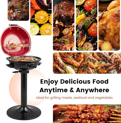 HAPPYGRILL 1600W Electric Grill Outdoor, Portable BBQ Grill with Warming Tray, Removable Non-Stick Grill Rack, Adjustable Temperature& Oil Drip Tray for Patio, Camping, Picnic,Red