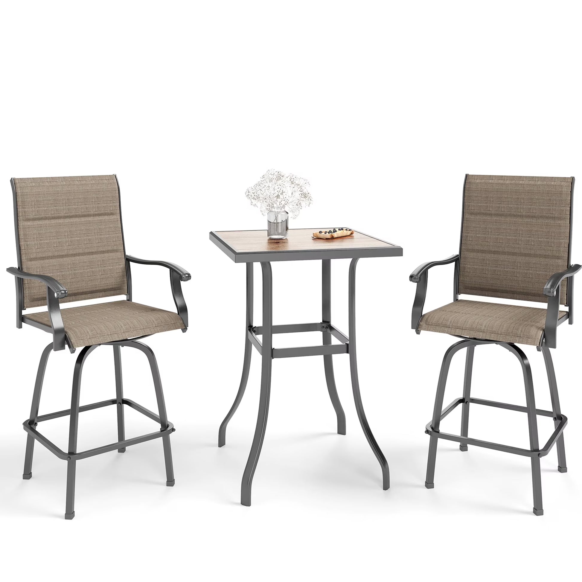 Summit Living 3-Piece Outdoor Patio Bar Stool Bistro Set, 1 Metal Bar Table and 2 Padded Bar Stool, Black & Brown