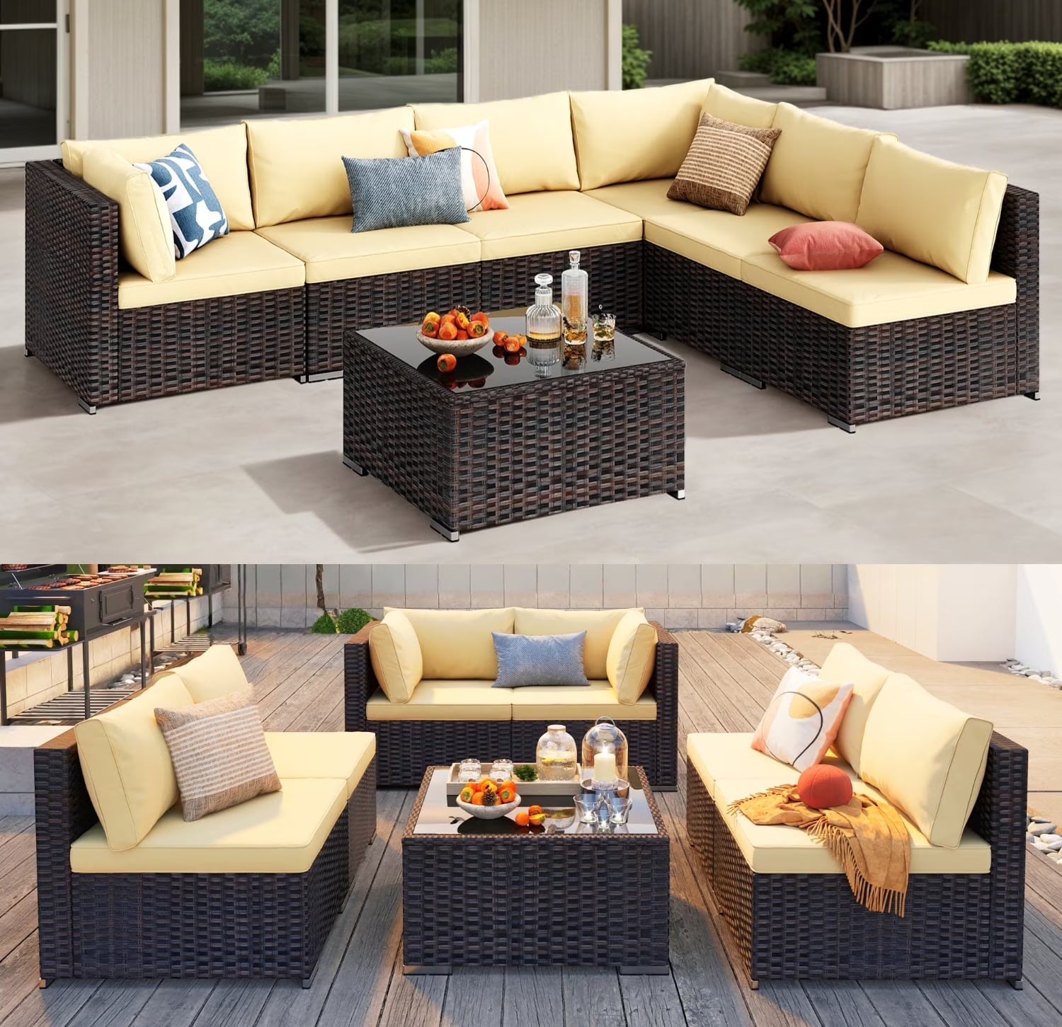 7 Piece Outdoor Patio Furniture Set, Asofer Rattan Wicker Outdoor Conversation Sectional Sofa Set, Gray