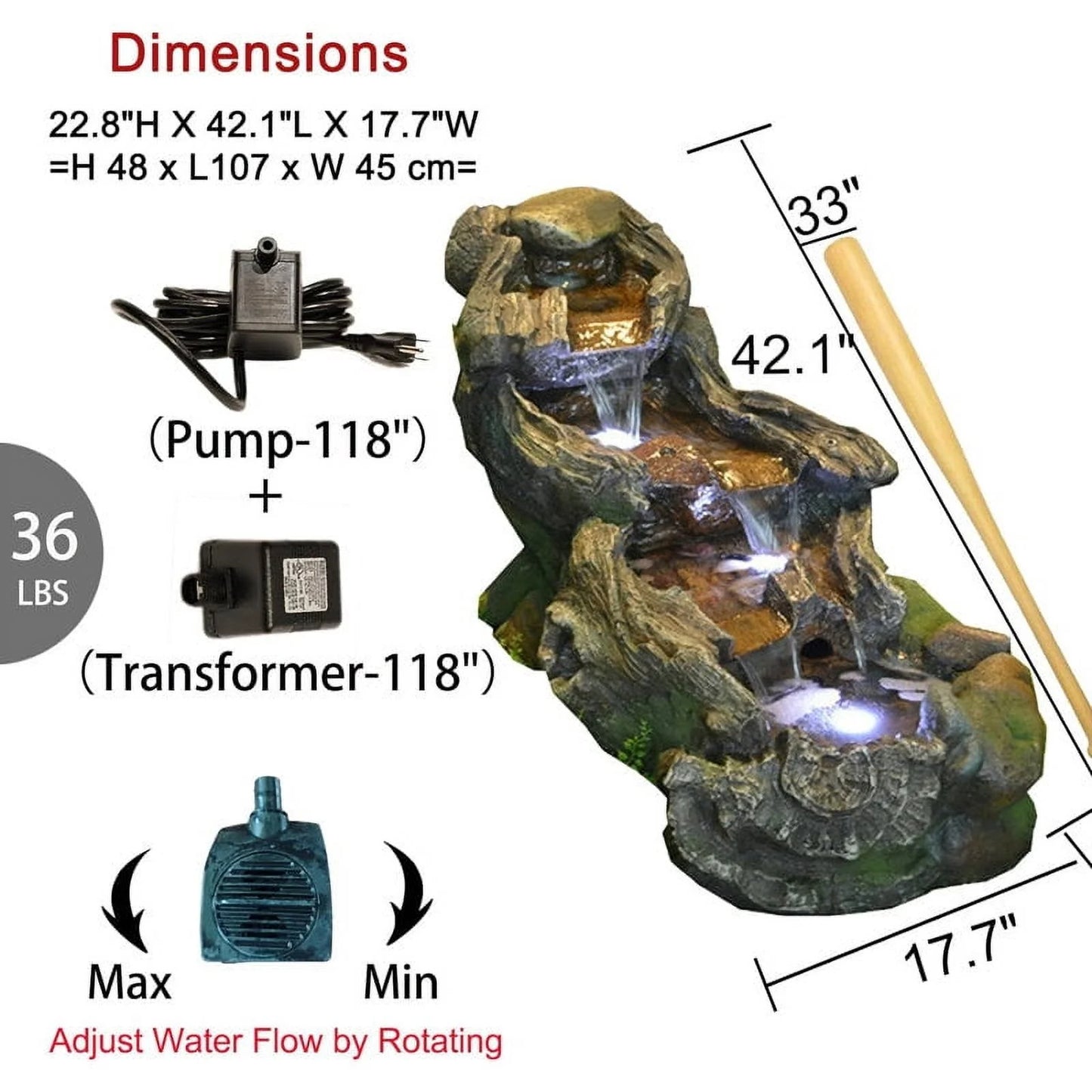 Outdoor Fountain Cascading Tiered Wood River Water Fountain with LED Lights for Garden, Patio, Backyard, Deck, Porch and Home Art Decor