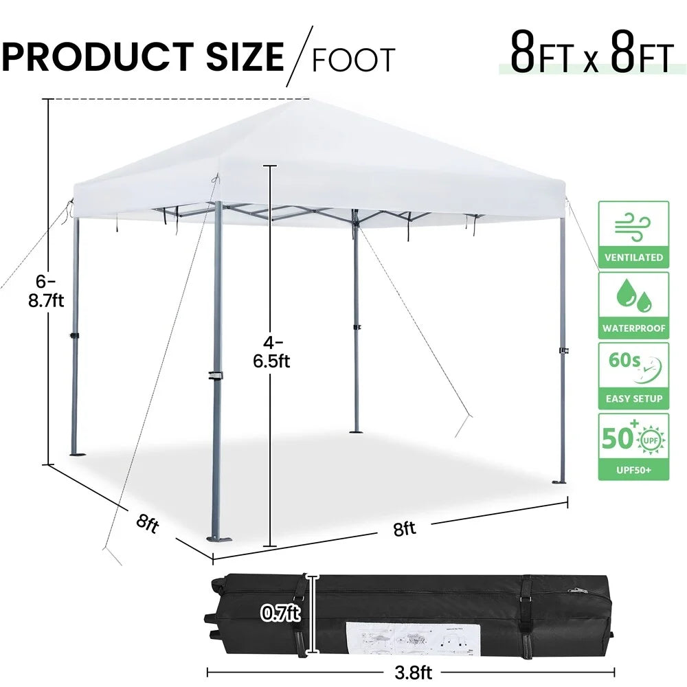 CHLET Pop-up Canopy Tent Integrated Wheels for Mobility, Waterpoof & Heavy Duty, Instant Sun Shelter with Carry Bag, Weight Bags for Outdoor Camping Beach Patio Parties,8x8,White