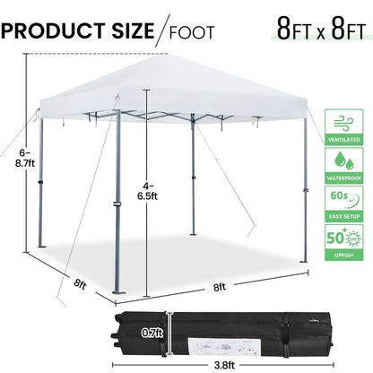 CHLET Pop-up Canopy Tent Integrated Wheels for Mobility, Waterpoof & Heavy Duty, Instant Sun Shelter with Carry Bag, Weight Bags for Outdoor Camping Beach Patio Parties,8x8,White