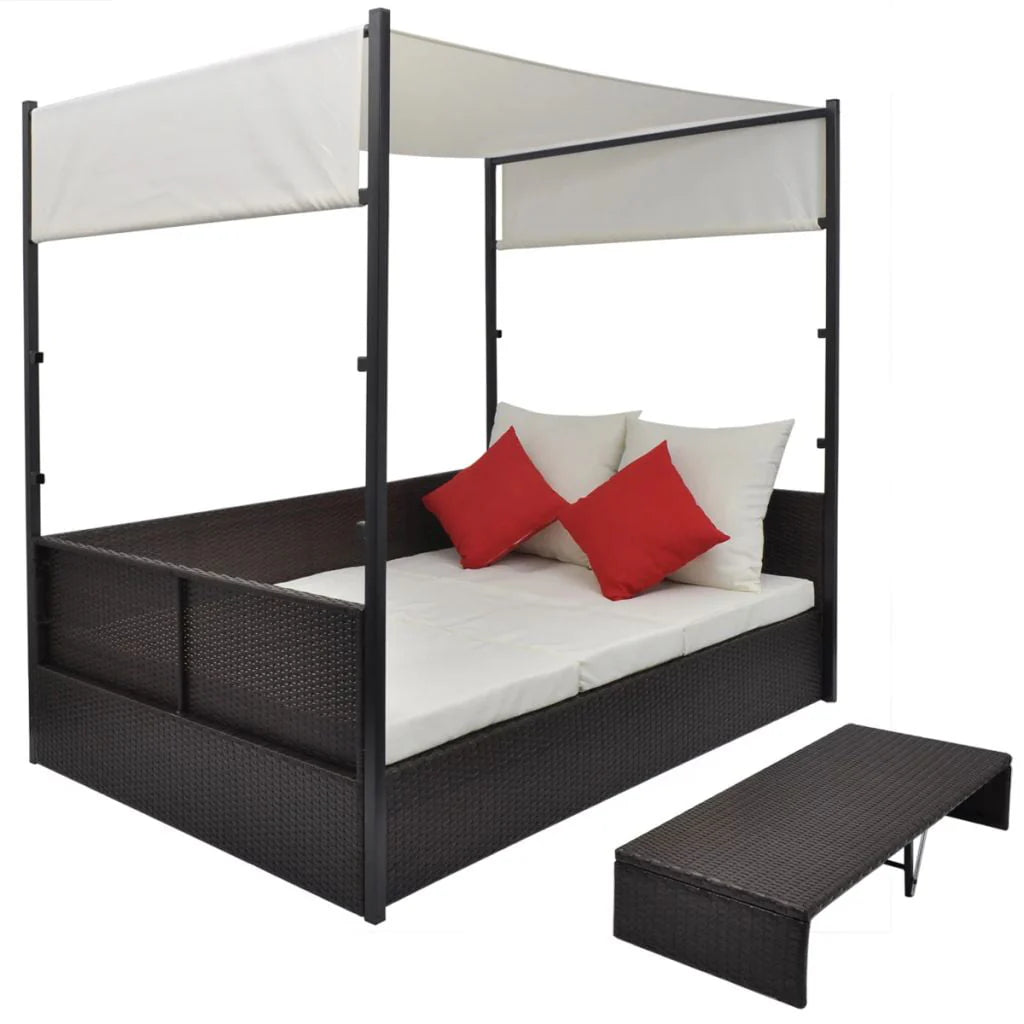 vidaXL Patio Bed Outdoor Patio Double Chaise Lounge with Canopy Poly Rattan