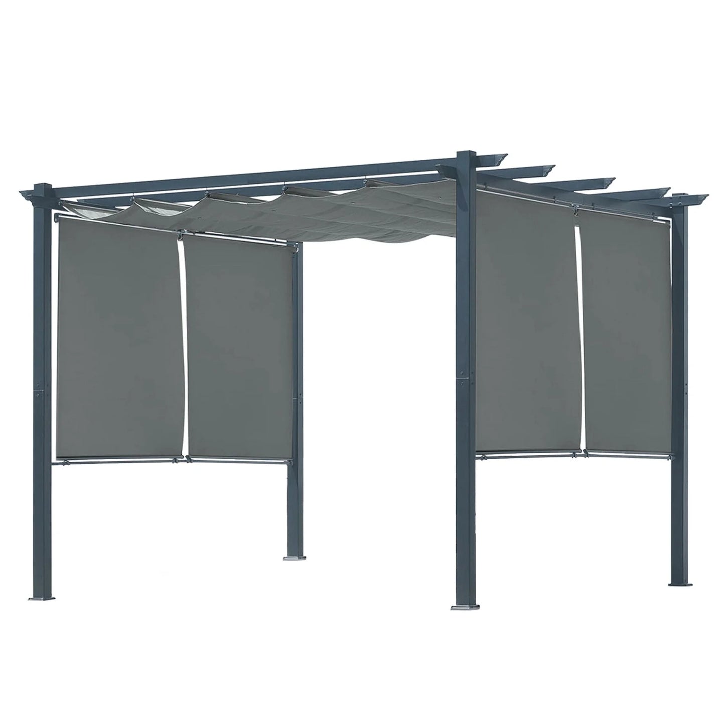 BPS 10'x10' Outdoor Retractable Pergola with Sun Shade Canopy & Curtains, Patio Aluminum Pergola Gazebos for Backyard Deck Garden, Dark Gray
