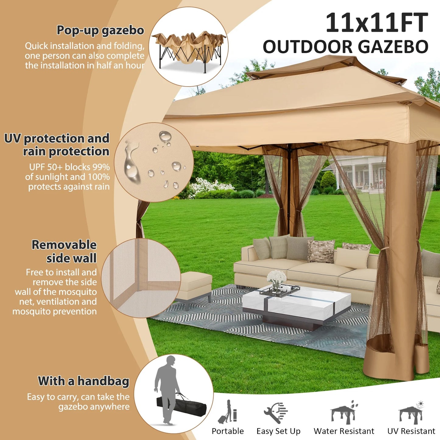 SANOPY 11 x 11 ft Outdoor Patio Gazebo with Ventilated Double Roof and Mosquito Net, Pop up Steel Canopy for Patios, Backyard, Garden and Beach
