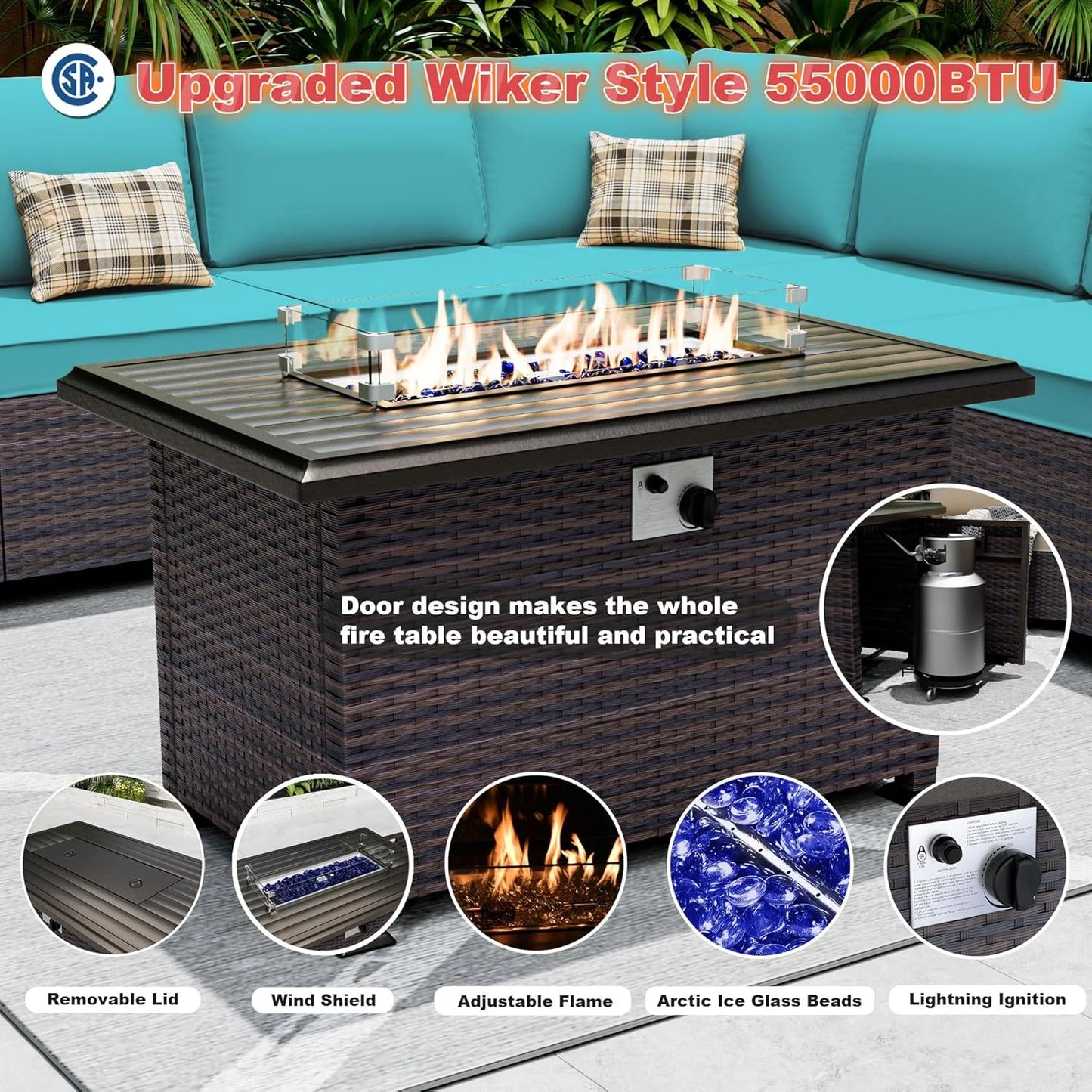 ASJMR 10 Pieces Wicker Patio Furniture Set With 43" Gas Fire Pit Table & 2 Swivel Chairs,Outdoor Rattan Sectional Sofa Conversation Set With Cushions & Tables,Green