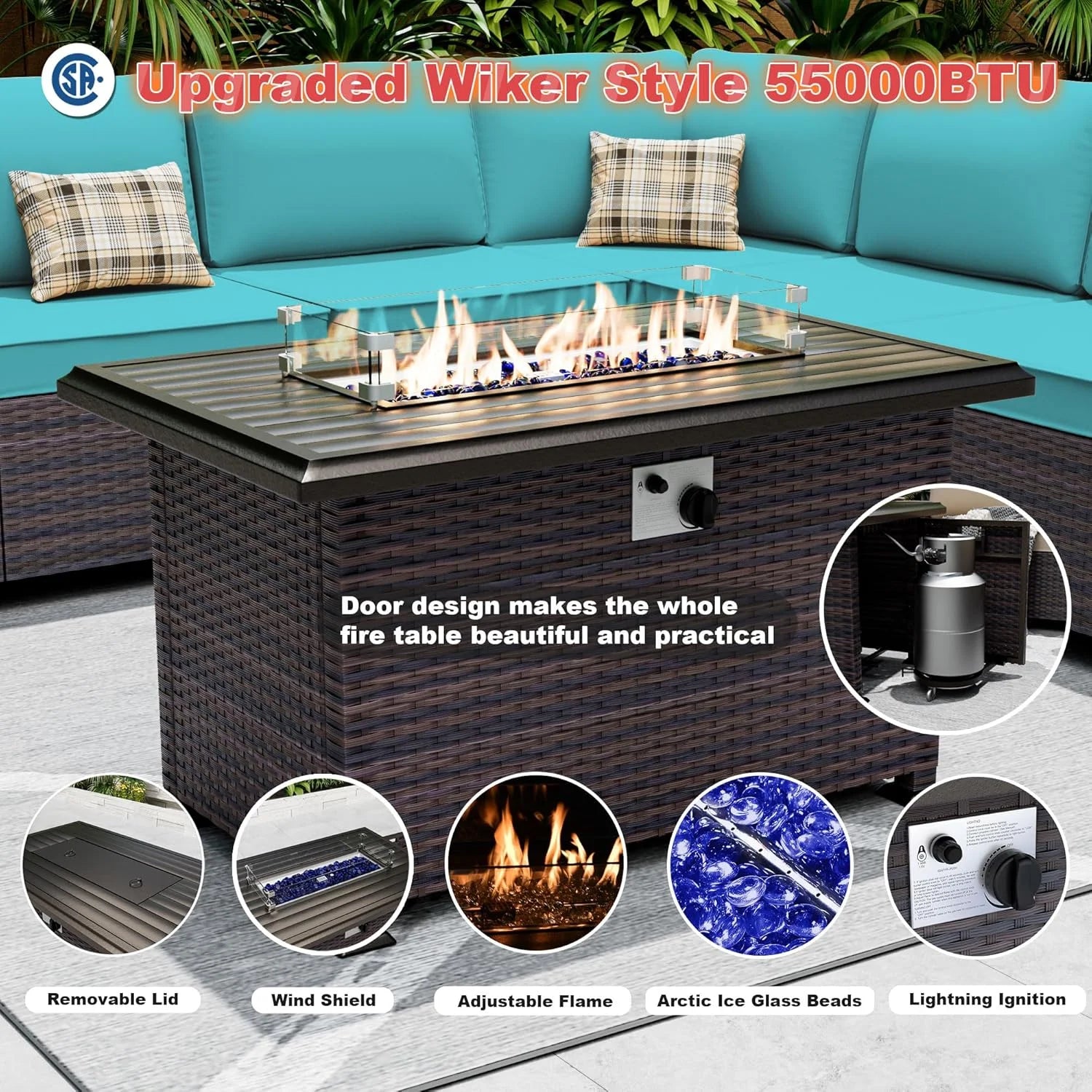 ASJMR 10 Pieces Wicker Patio Furniture Set With 43" Gas Fire Pit Table & 2 Swivel Chairs,Outdoor Rattan Sectional Sofa Conversation Set With Cushions & Tables,Green