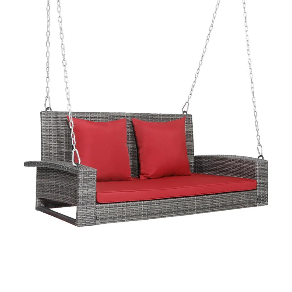 Yardi Yard 2-Person Patio Rattan Porch Swing with Cushions-Black, Porch Swing Hanging Bench, Wicker Outdoor Swing Bench with Cushion and Pillow for Patio, Yard, Garden