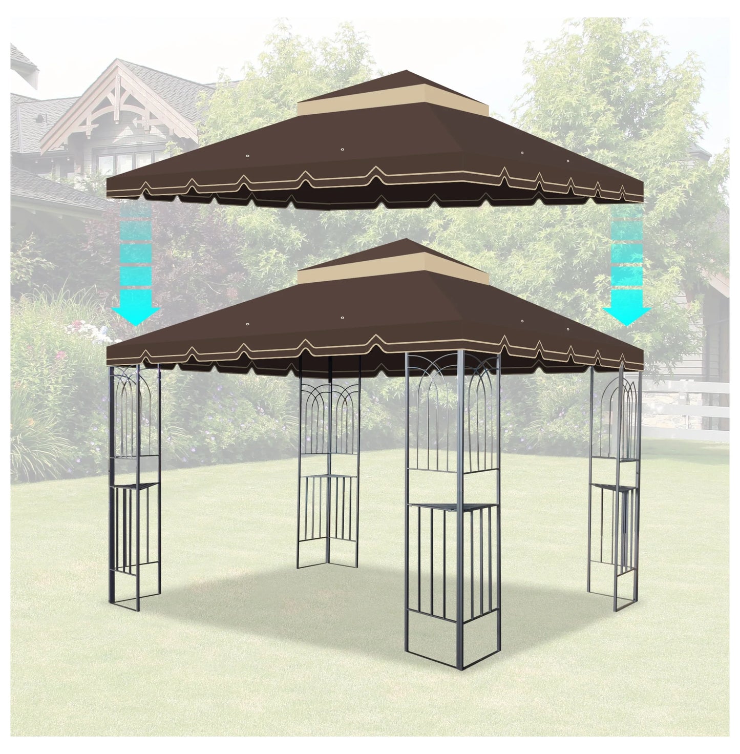 10x10 Ft Outdoor Patio Gazebo Replacement Canopy,Double Tiered Gazebo Tent Roof Top Cover Only Greatwall border(Frame Not Include)-BROWN