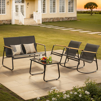 Asofer 4-Piece Patio Furniture Set, Textilene Outdoor Bistro Set with 2 Rocking Chair for Lawn, Garden, Poolside (Black)