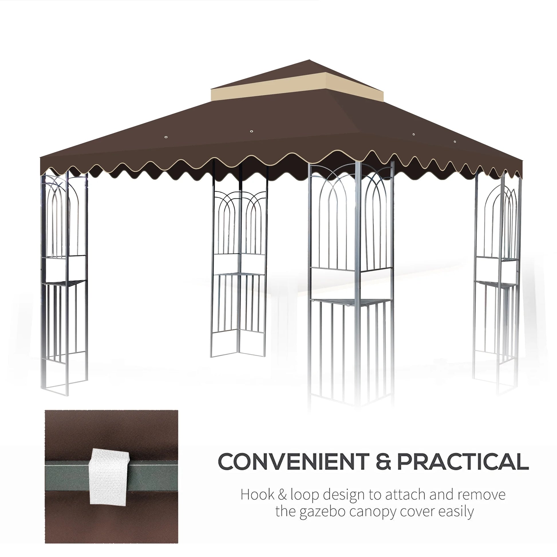10x10 Ft Replacement Gazebo Canopy, Double Tiered Outdoor Patio Tent Roof Cover with Wavy Border, UV Protection & Water Repellent Polyester Fabric, Khaki (Frame Not Included)