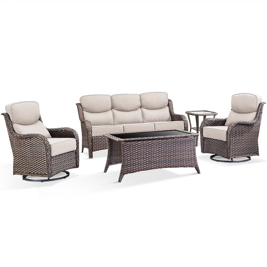 Bellefurn Luxury Outdoor Patio Furniture Set,Swivel Rocker Patio Chairs with 6-inch Thick Cushion,Patio Sofa and Glass Coffee Table,Outdoor Conversation Set for Porch, Deck, Yard