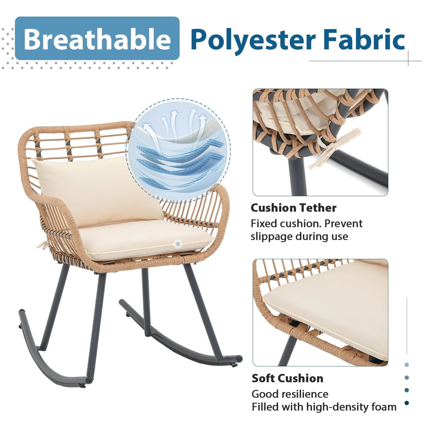 JOIVI Patio Wicker Rocking Chairs Set of 2, Outdoor Rattan Rocking Chairs with Pillows and Cushions, Front Porch Rocker with Iron Frame for Outside Lawn Garden Indoor Balcony, White
