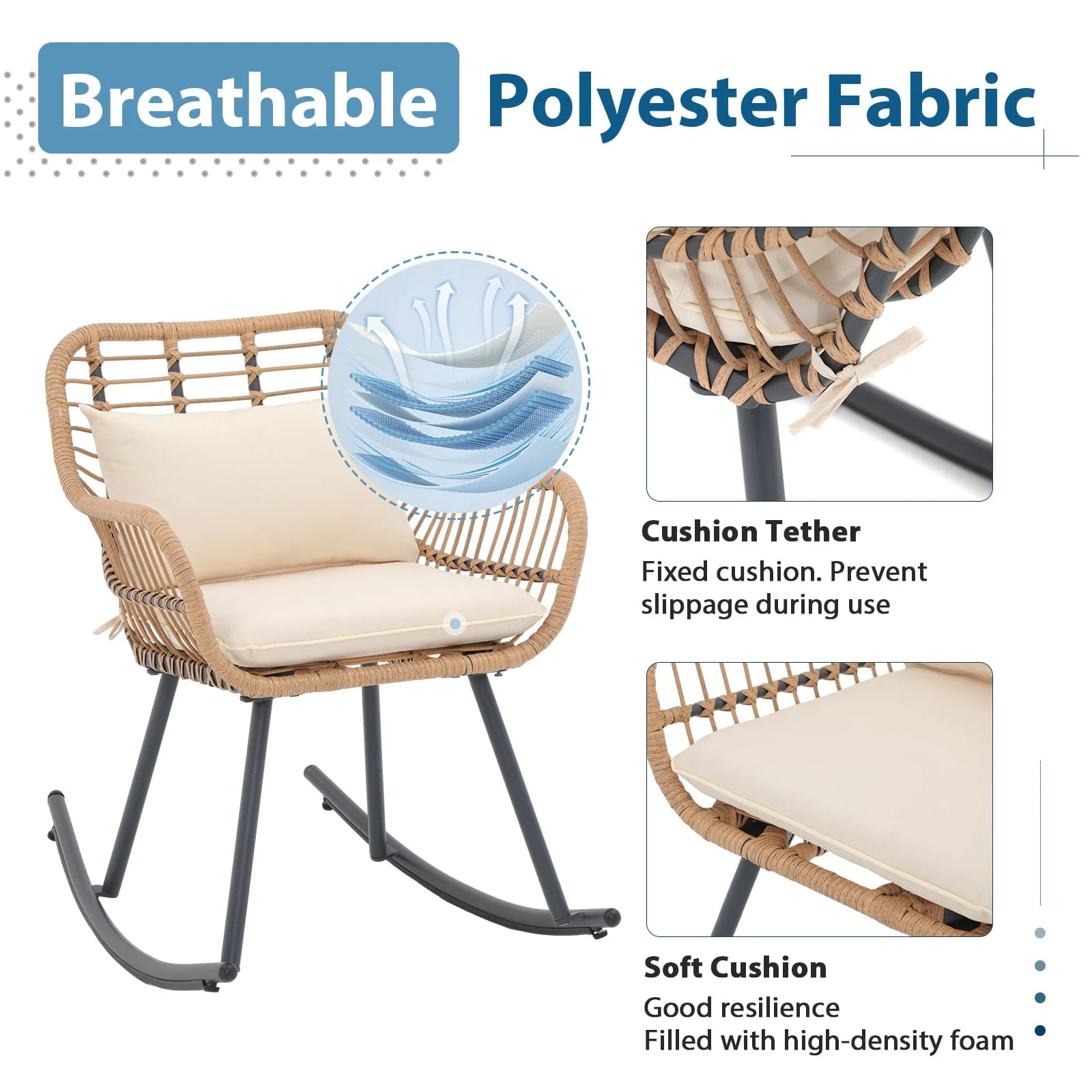 JOIVI Patio Wicker Rocking Chairs Set of 2, Outdoor Rattan Rocking Chairs with Pillows and Cushions, Front Porch Rocker with Iron Frame for Outside Lawn Garden Indoor Balcony, White