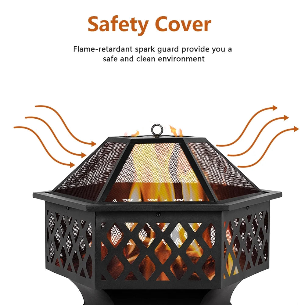 Outdoor Wood Burning Fire Pit, 24" Hexagon Metal Fire Pit for Patio with Poker, Spark Screen, Hex Shaped Fire Pit BBQ Grill, Garden Firepit Stove for Camping Picnic Bonfire Backyard, JA2419