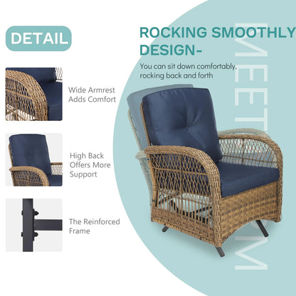 MEETWARM Patio Wicker Rocking Glider Set, All-Weather Outdoor Rattan Patio Rocking Chairs of 2, Patio Conversation Set with Thickened Cushions for Porch Garden & Backyard, Navy Blue