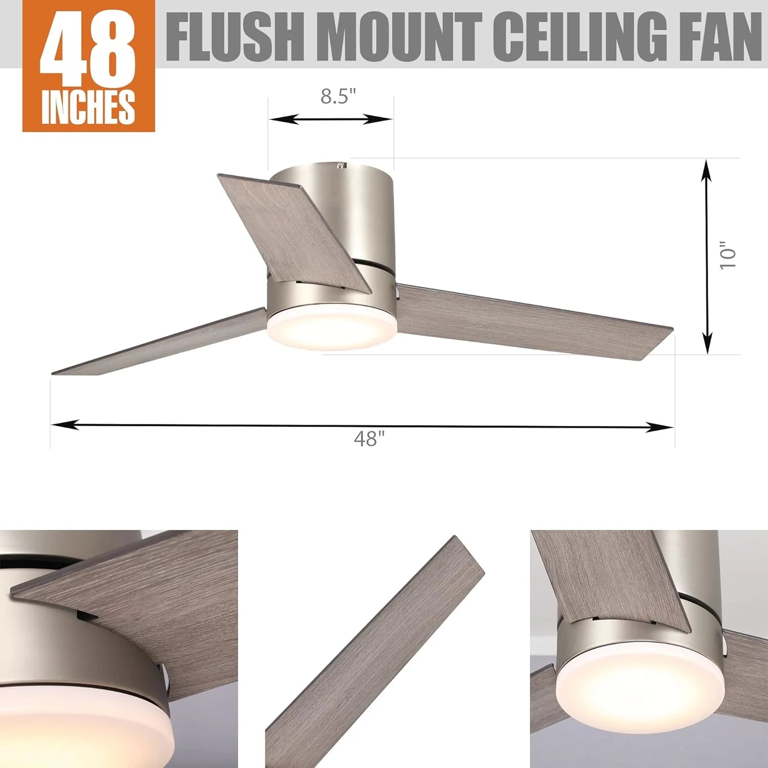 Low Profile Ceiling Fans with Lights and Remote, 48 Inch Bedroom Ceiling Fans Flush Mount, Indoor/Outdoor Fans for Patios, Reversible 3 Blades, Noiseless, Color Temp Adjusted, DOE ETL Tested (Nickel)