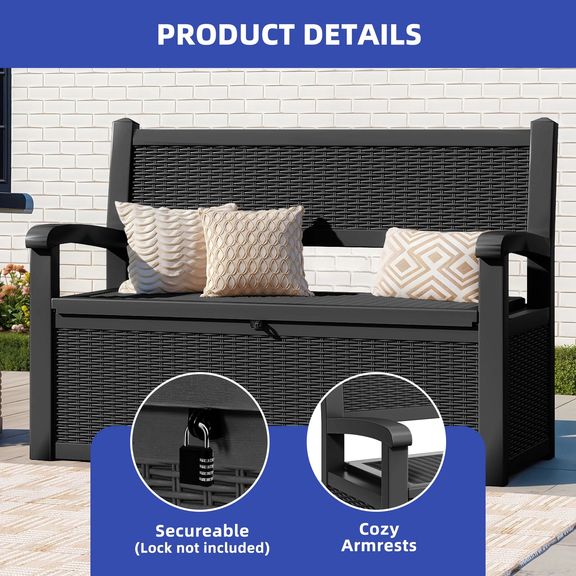 ModFusion 70-Gallon Outdoor Resin Storage Cabinet with Rattan Backrest - Waterproof Patio Bench Seat, 500 lbs Capacity, Black