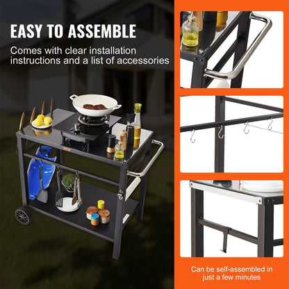 BENTISM Outdoor Grill Dining Cart Double-Shelf BBQ Movable Food Prep Trolley Patio