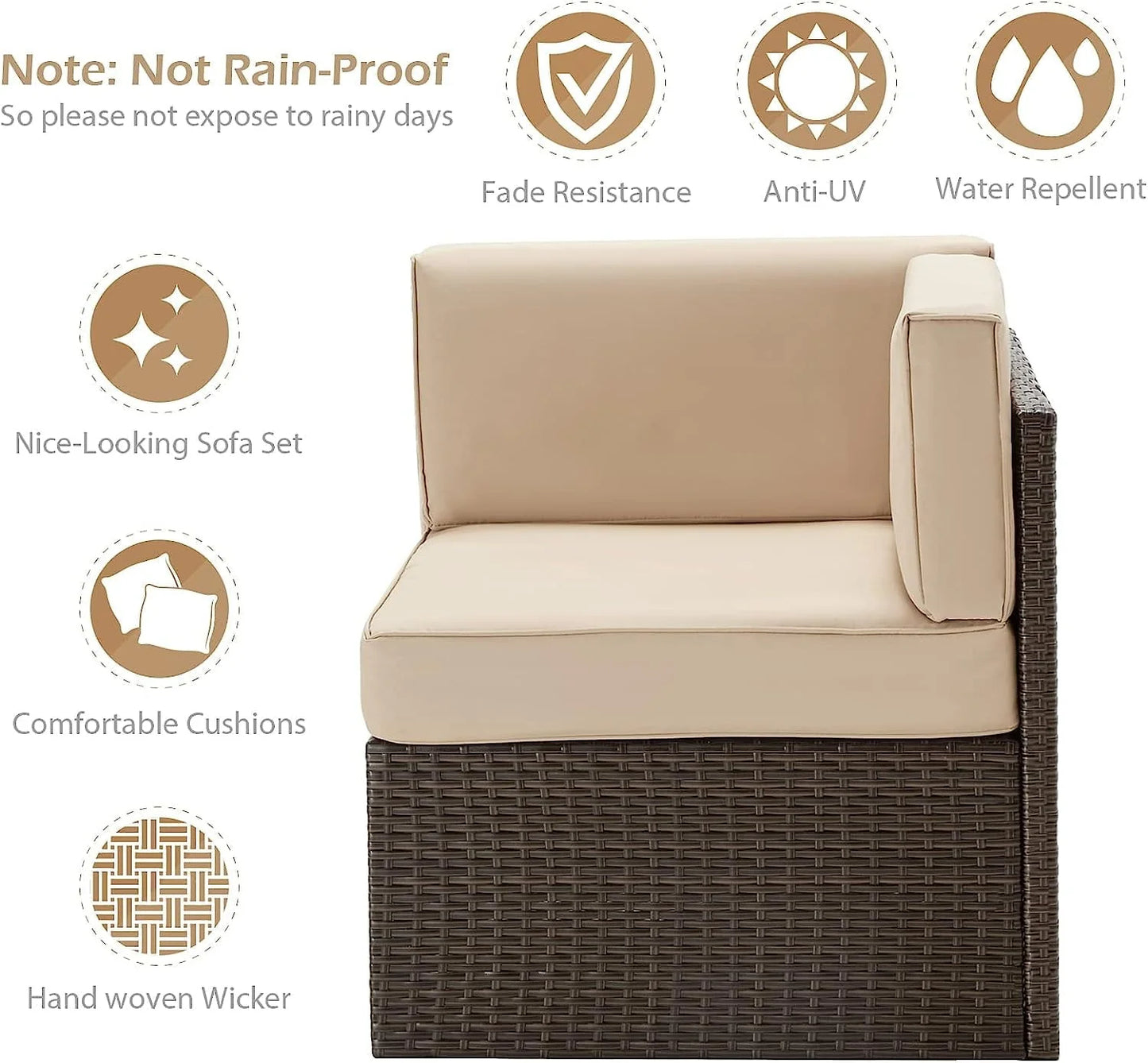 YODOLLA 7-Piece Outdoor Furniture Set, Rattan Wicker Sectional Sofa Couch Patio Conversation Set with Table In Beige