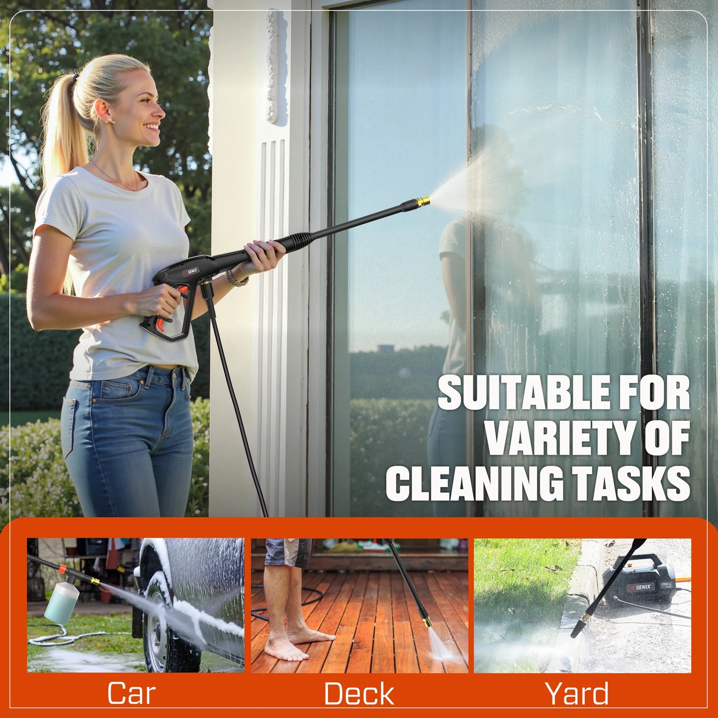 SENIX 2100 PSI Electric Pressure Washer with Foam Cannon, Brushless Motor,Lightweight & Portable, for Car House Patio Driveway Deck Fence, Outdoor Cleaning Power Washer