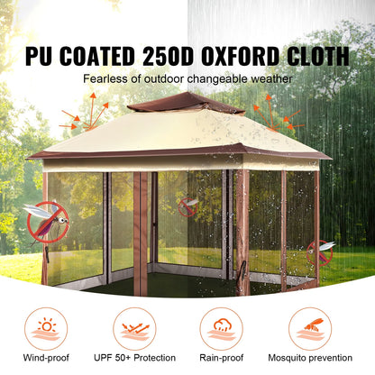 KFFKFF Patio Gazebo 11 x 11 FT Pop up Gazebo Tent for 8-10 Person, UPF 50+ protection, Wind and Rain Resistance, Effective Bug Control, PU Coated 250D Oxford Cloth, Outdoor Canopy Shelter