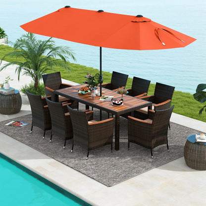 Costway 11 PCS Patio Wicker Dining Set with Double-Sided Outdoor Umbrella 8 Chairs Orange