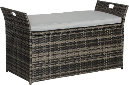 SOLAURA 90 Gallon Patio Wicker Storage Bench w/Cushion, Outdoor Rattan Deck Storage Box w/Handles & Hydraulics, Gray