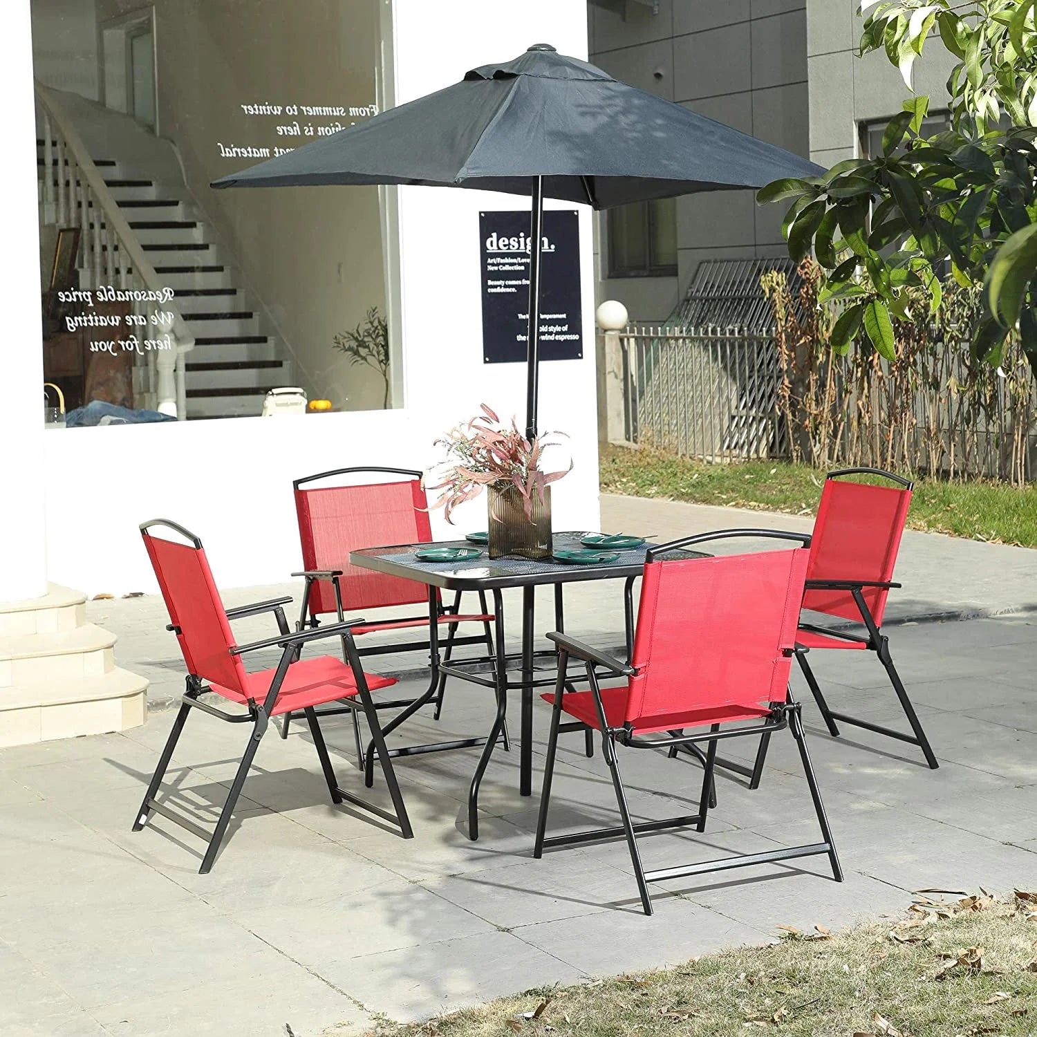 Bylring Outdoor Foldable Patio Dining Sling Chairs Set Of 4 With Armrest Black Folding Portable Patio Chairs For Lawn Garden Balcony Living Room Furniture