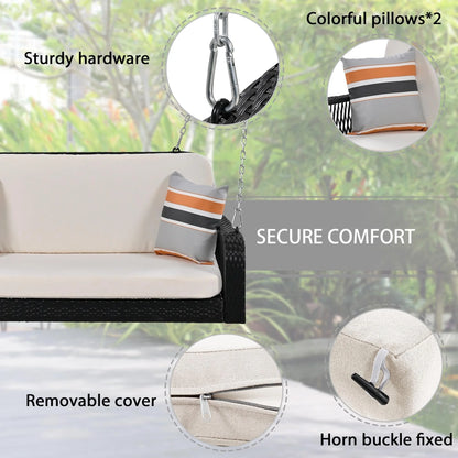 SEGMART 2 Person Wicker Hanging Swing Bench, Front Porch Swing Outdoor Chair with Cushion and Pillow, Patio Furniture Swing for Deck, Backyard, Garden, Gray