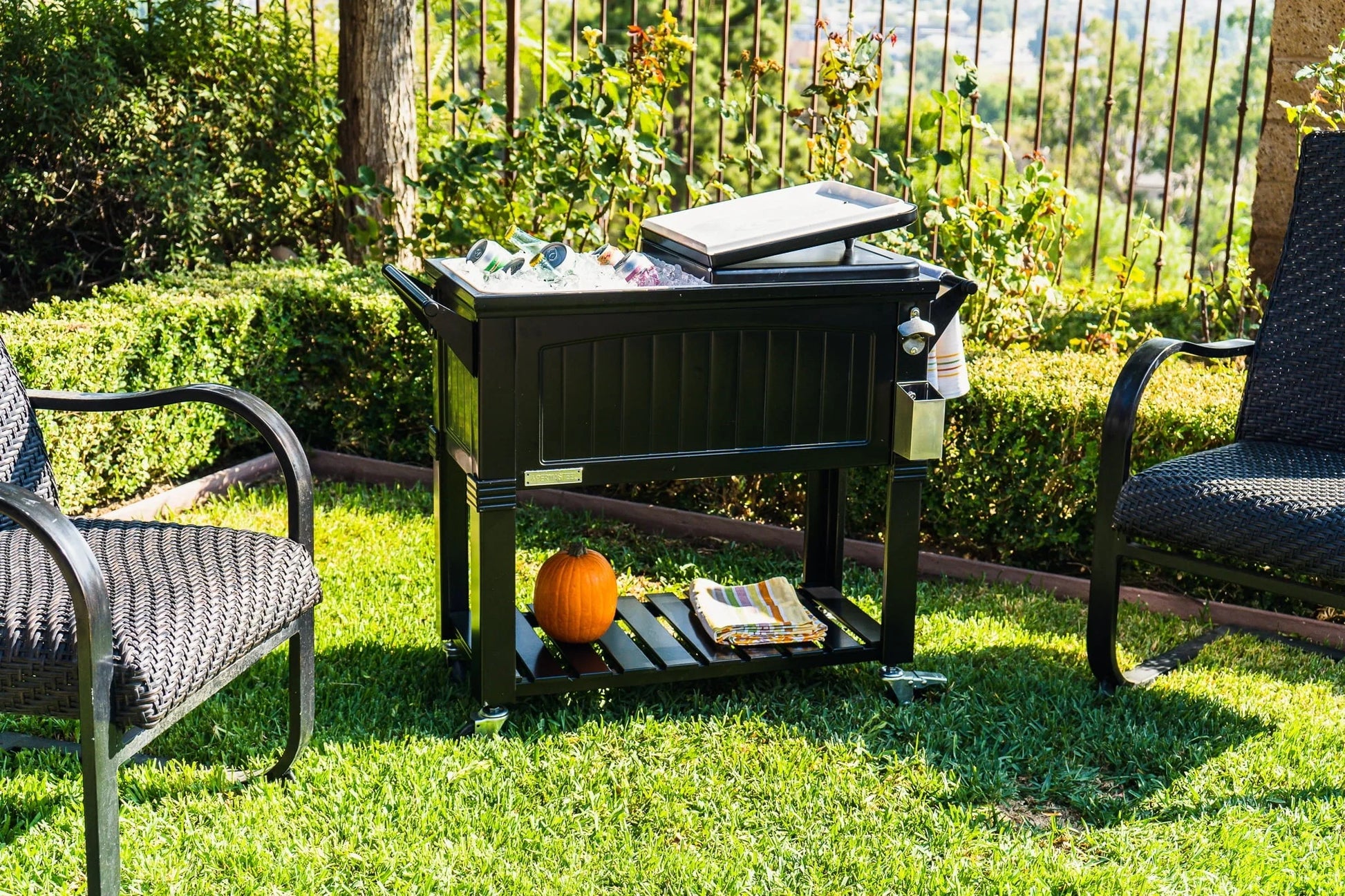 Permasteel 80-Qt Antique Outdoor Steel Patio Cooler on Wheels, Rolling Cooler Cart, Wooden Teak Style, Black