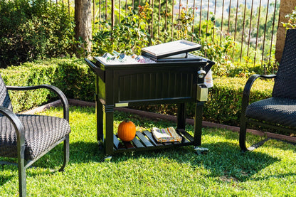 Permasteel 80-Qt Antique Outdoor Steel Patio Cooler on Wheels, Rolling Cooler Cart, Wooden Teak Style, Black
