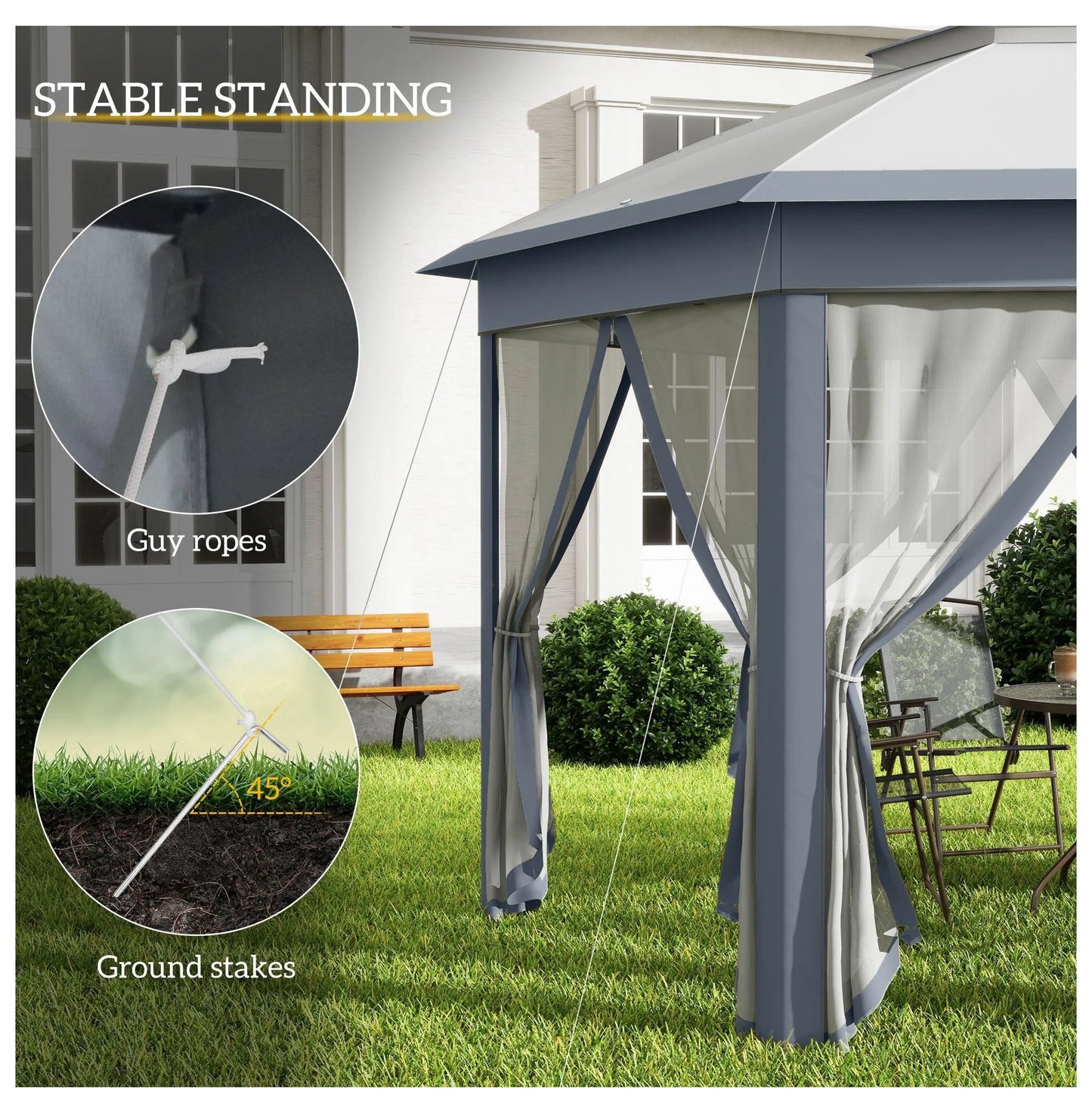 SAZYY 13'x13' Pop Up Gazebo Hexagonal Canopy Shelter with 6 Zippered Mesh Netting for Patio Backyard Garden Wedding Party