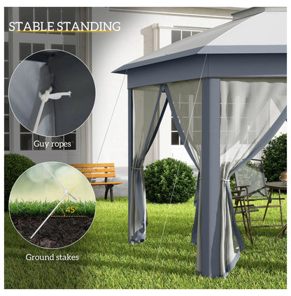 SAZYY 13'x13' Pop Up Gazebo Hexagonal Canopy Shelter with 6 Zippered Mesh Netting for Patio Backyard Garden Wedding Party