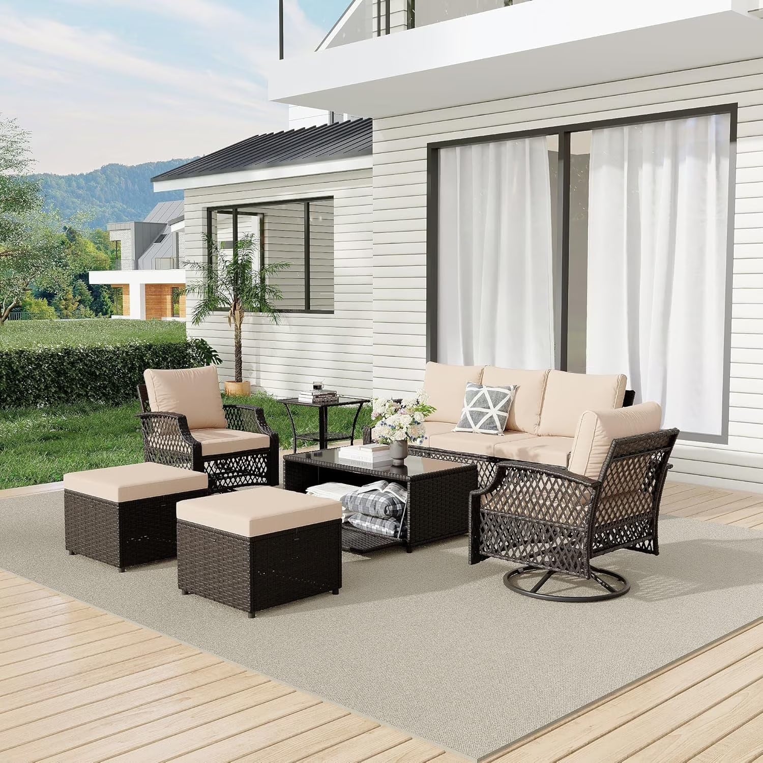 Vicluke 8 Piece Patio Furniture Set, Wicker Outdoor Conversation Sofa Set with Swivel Chairs, 2 Ottomans, Storage Coffee Table, Rattan Outdoor Sectional for Deck Backyard Porch 9 Seats, Khaki)