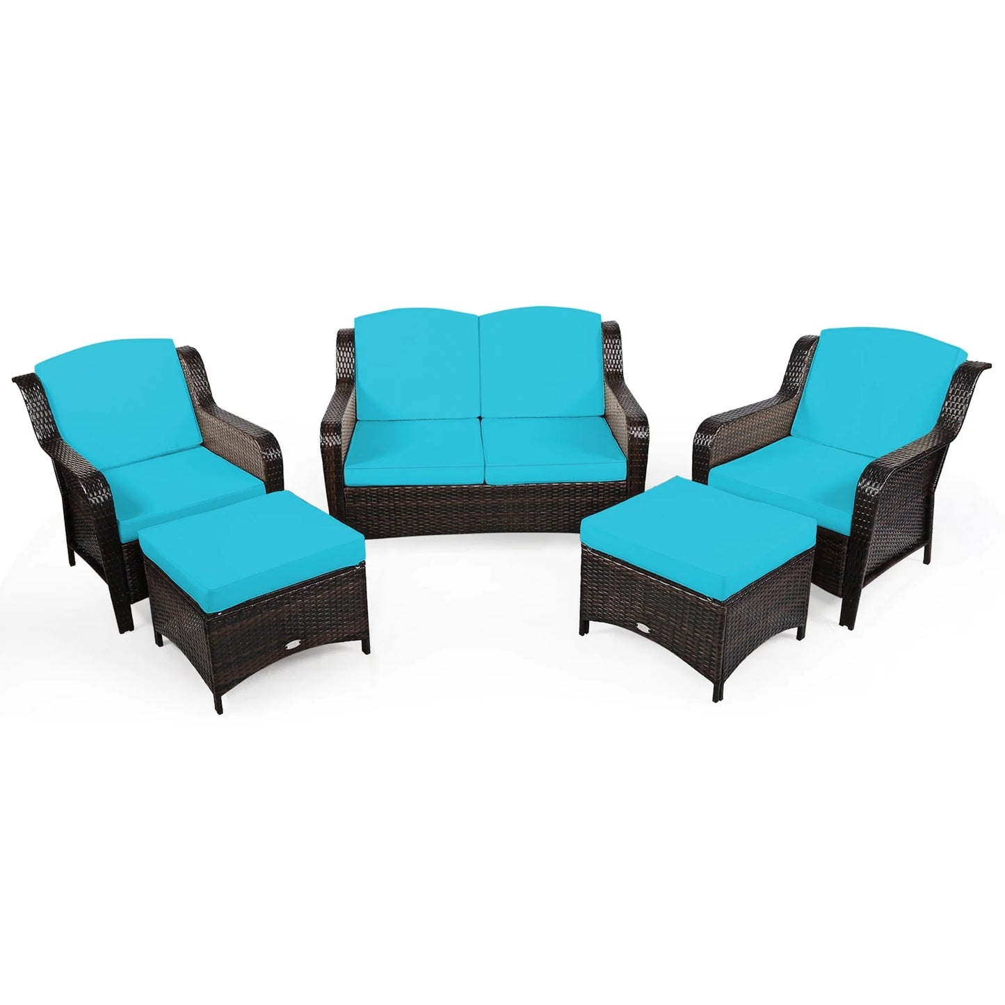 Gymax 5PCS Rattan Patio Conversation Sofa Furniture Set Outdoor w/Turquoise Cushions
