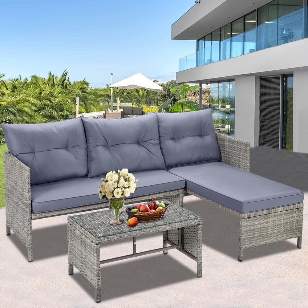 Rattan Patio Sofa Set, 4 Pieces Outdoor Sectional Furniture Set, All-Weather PE Rattan Wicker Patio Conversation Set, Cushioned Sofa Set with Glass Table for Patio Garden Poolside Deck