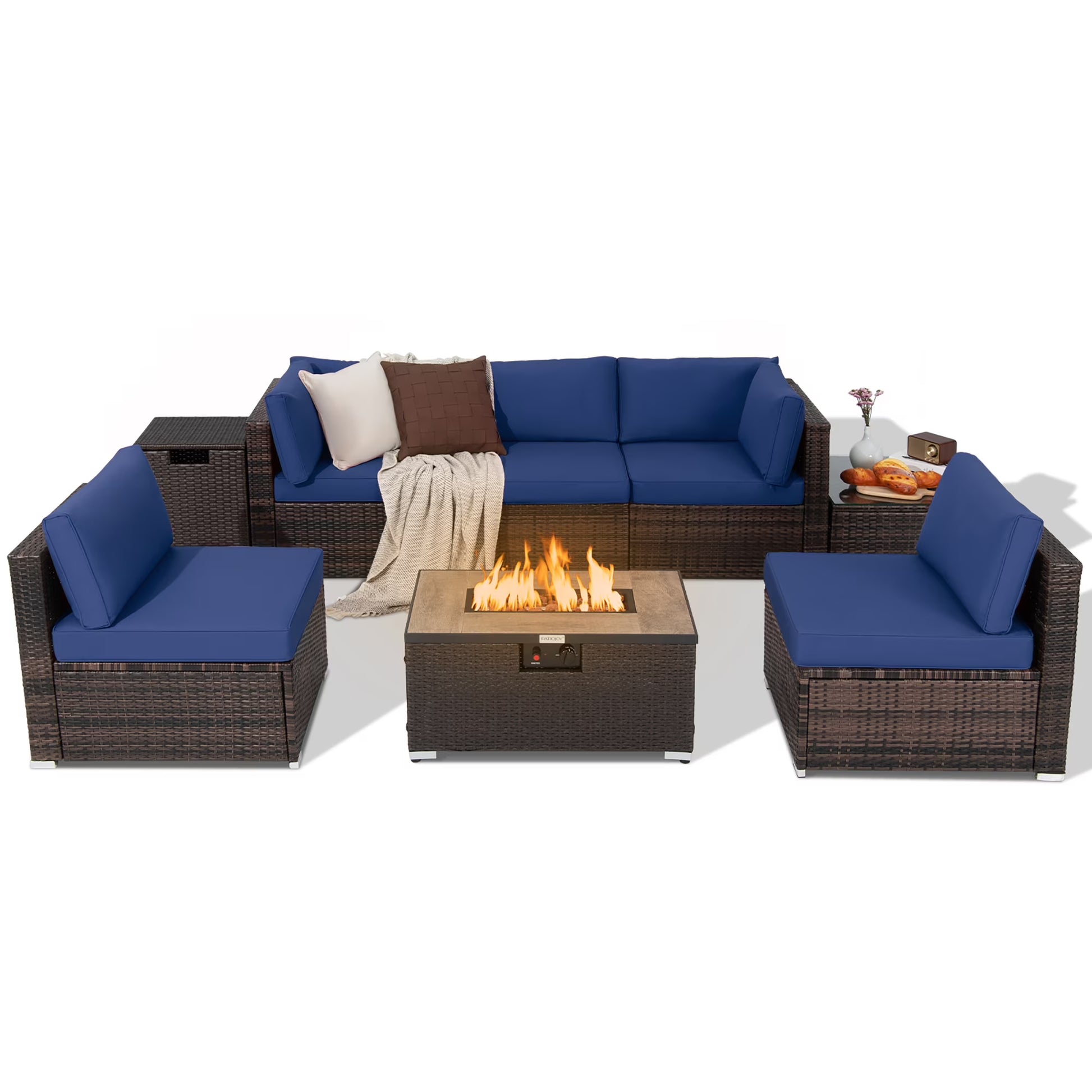 Costway 8PCS Patio Rattan Furniture Set Fire Pit Table Tank Holder Cover Deck Black