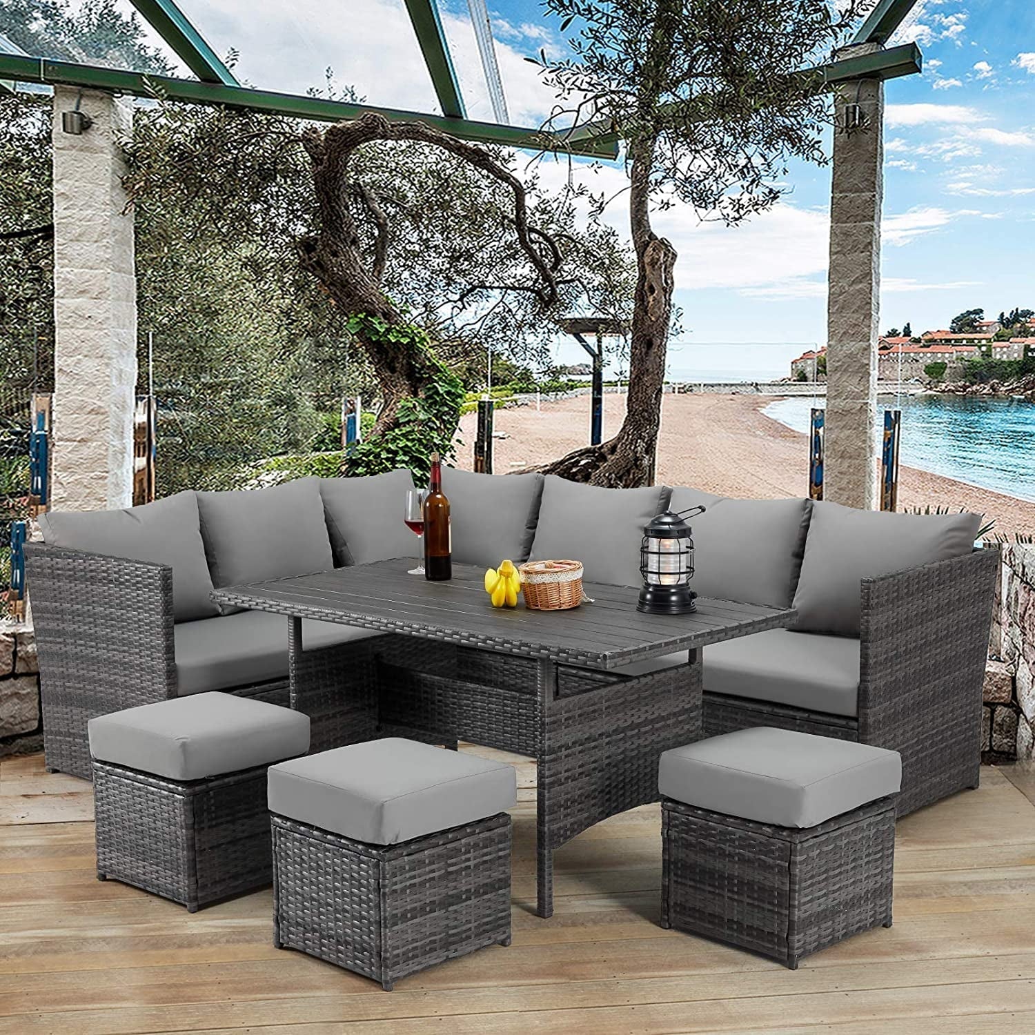 AECOJOY 7 Piece Patio Conversation Set, Outdoor Sectional Sofa Rattan Wicker Dining Furniture, Gray
