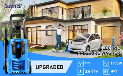 Electric Power Washer 1600W 2.0GPM, 20ft High Pressure Washer Hose + 35ft Power Cable, IPX5 Waterproof with 500ml Detergent Bottle, All-in-One Adjustable Nozzle, for Cars/Fences/Patios (Blue)