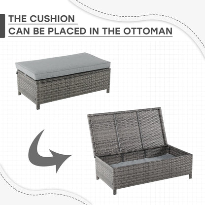 Outdoor Wicker Love Seat and Coffee Table Set, Weather Resistant Grey Rattan, Patio Furniture with Gray Cushions & Storage Bin