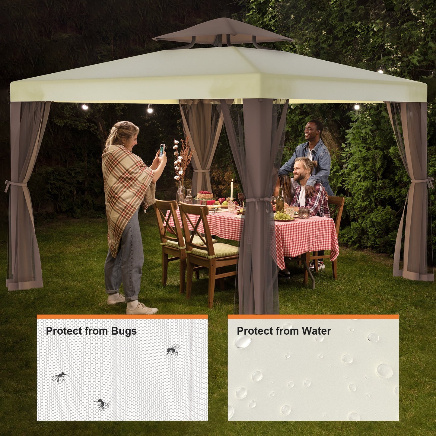 10'x10' Patio Gazebo Tent Outdoor Canopy Shelter w/Mosquito Netting & 2-Tiered Vented Top for Garden, Backyard Deck And Lawns