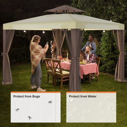 10'x10' Patio Gazebo Tent Outdoor Canopy Shelter w/Mosquito Netting & 2-Tiered Vented Top for Garden, Backyard Deck And Lawns