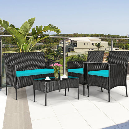 Gymax 4PCS Outdoor Furniture Set Patio Rattan Conversation Set w/Turquoise Cushion
