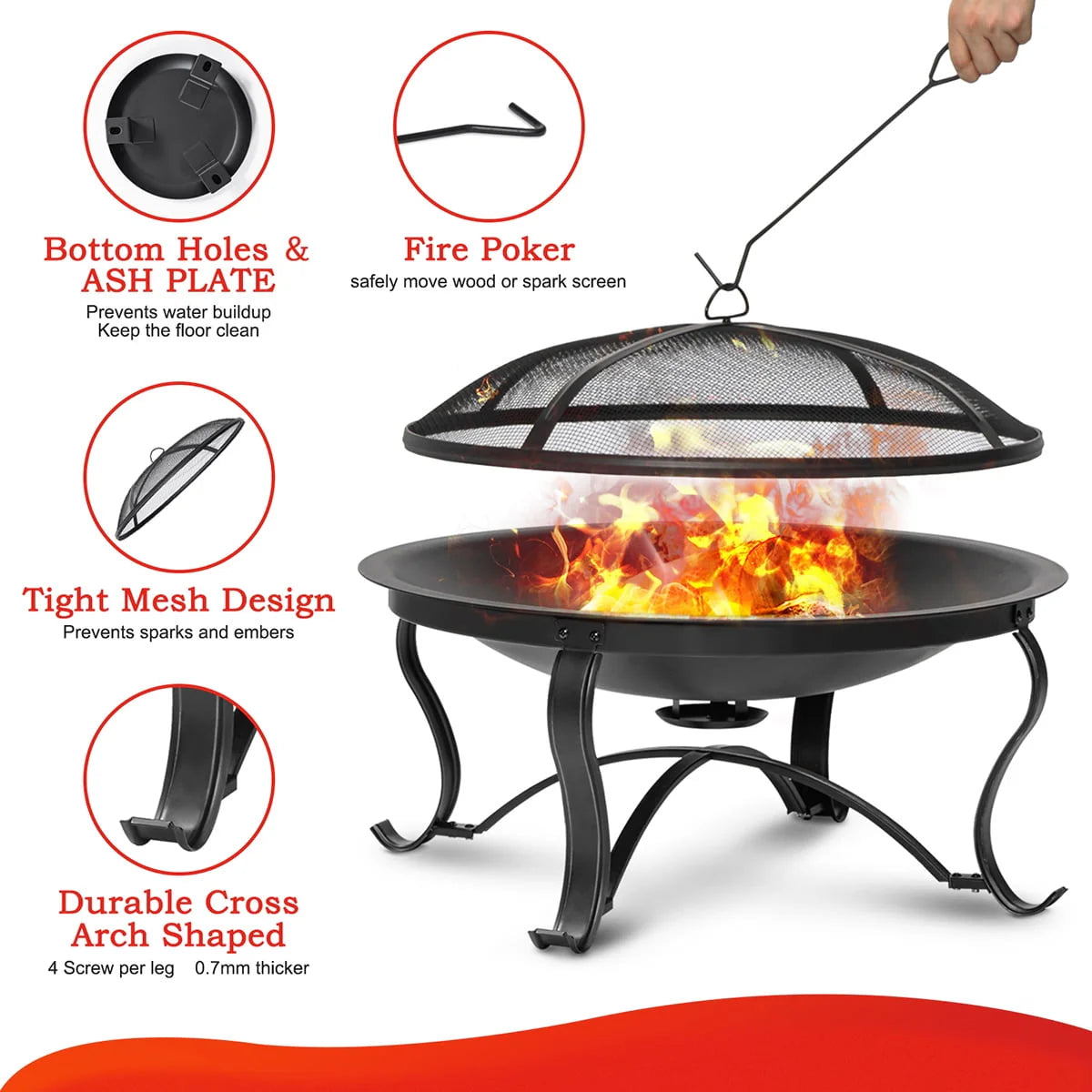 SinglyFire 30inch Fire Pits for Outside Firepit Outdoor Fire Pit Wood Burning Portable Firepit Bonfire Pit Steel Round Outdoor Fireplace for Deck Camp Patio with Ash Plate,Spark Screen,Log Grate,Poker